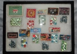 Collection of vintage store give-away advertising marbles. Gas station- Sinclair & Mobil, Borden's, Reddy Kilowatt, Winchester, Popeye, John Wayne, Betty Boop, Peanuts, & Lucky Lure!
