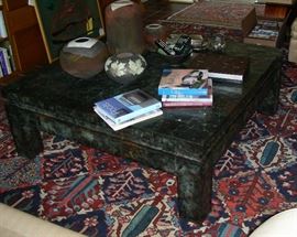 Tinned coffee table, raku pottery, Oriental rug