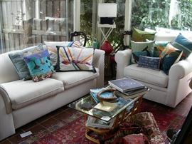 Childress sofa and oversized chair, pillows, bamboo coffee table