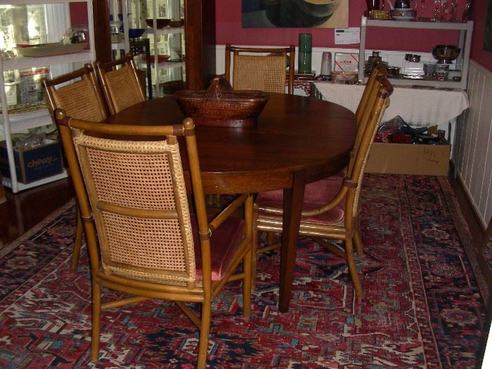 Oak dining table, set of 6 cane back and cane bottom chairs