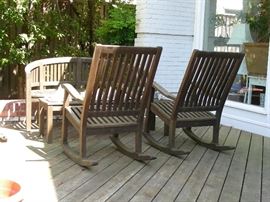 Gloster, England teak bench, coffee table and rockers
