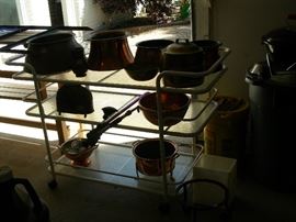 Copper planters & pots, serving cart