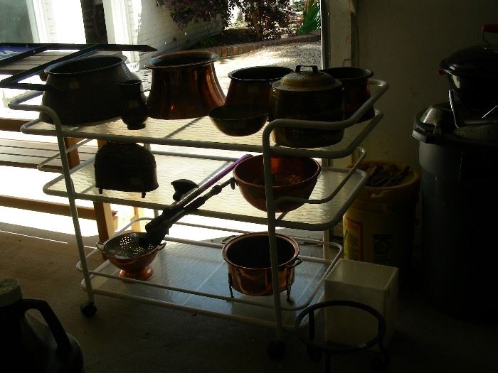 Copper planters & pots, serving cart