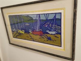 Woodblock of sailboats, signed
