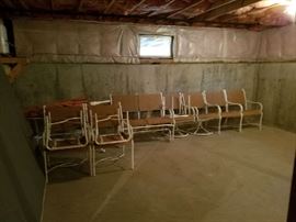 Large patio set, tables, chairs, umbrella etc. White framed, Tan fabric.  BROWN JORDAN