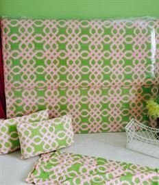 Custom Lilly Pulitzer Queen Headboard plus cornices, curtains and roman shades, pillows. Get your Lilly on!  