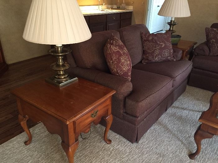 Love seat and couch (matched set) side tables by Thomasville and large neutral (18 x 12 ) area carpet