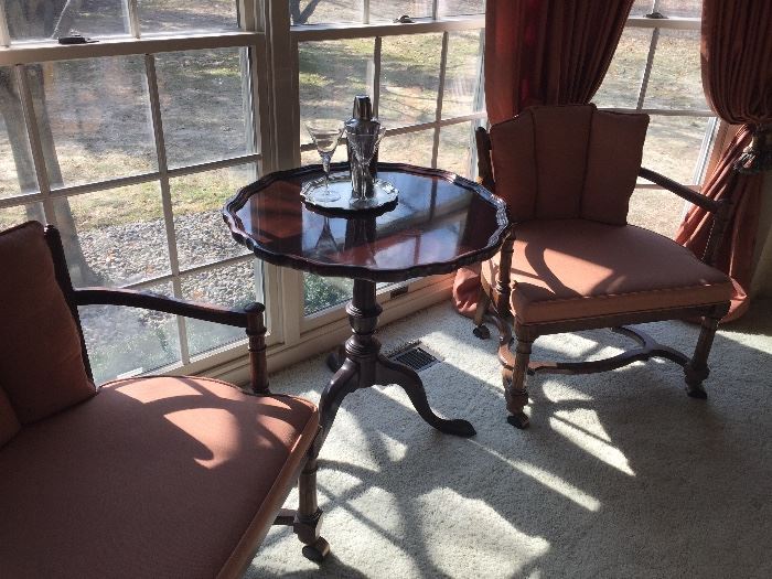 Mahogany pedestal table and 2 of the club chairs