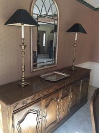 Side board, buffet lamps and beveled mirror, silver-plated tray (more silver-plate and sterling available)