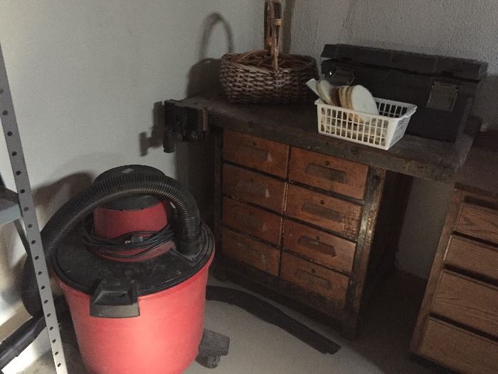 Shop vac, and vintage work bench