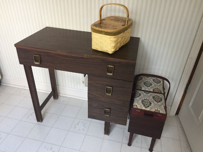 Sewing table with machine, notions baskets