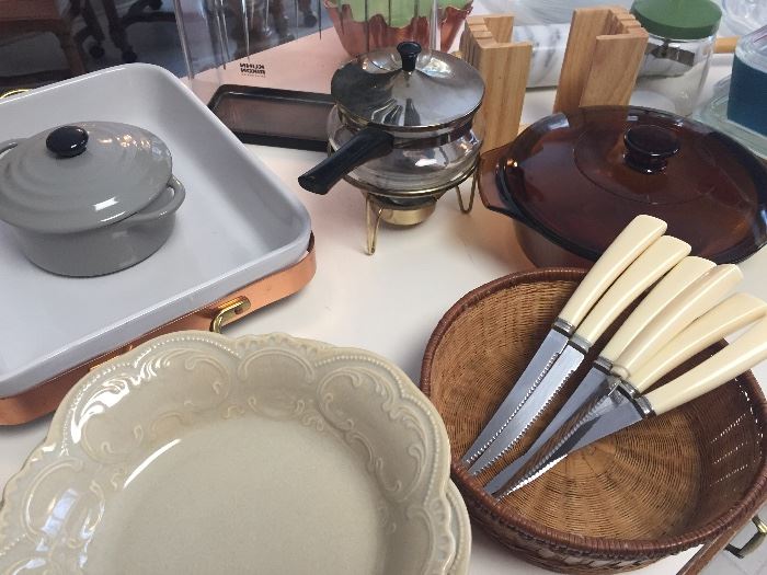 Brass cassarole pan, ceramic soup dishes, pyrex and more