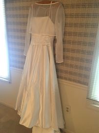 Wedding dress (strapless) white satin - contemporary styling by Bianci - size 6 - 8 with illusion cropped coverlet