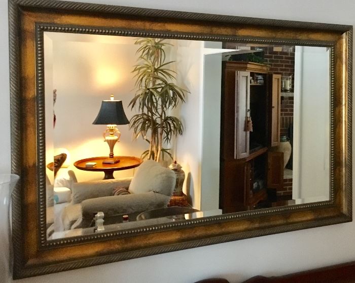 Beveled Rectangle Mirror with gold frame. 