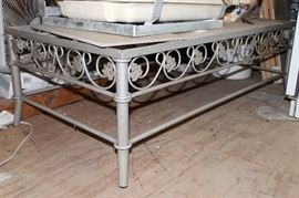 Iron coffee table with matching square end tables. Tile tops and can be used outside.