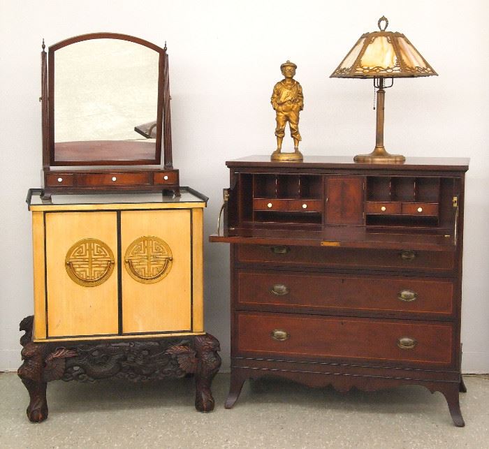 Asian linen cabinet, 1920's Butler desk,  Miller Bros. table lamp, mahogany shaving mirror