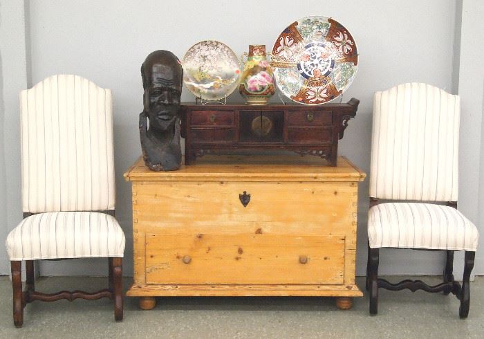 Pine blanket chest, pr. of early French chairs, Chinese chest, Japanese porcelain