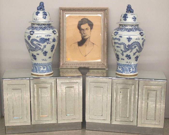 Pr. Mid Century mirrored cabinets, pr. Chinese covered jars, charcoal portrait by Ric Rodriques