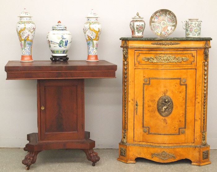 Empire Mahogany Mint julep table, burl walnut side cabinet, Chinese porcelain