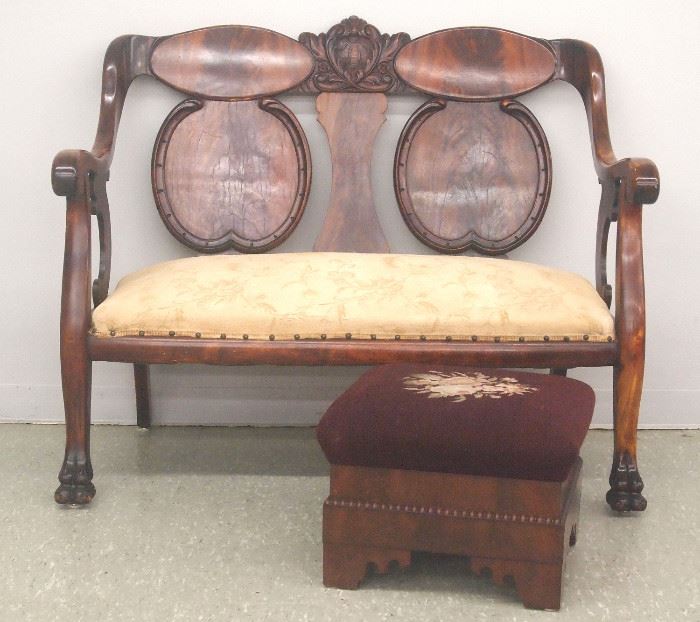 Carved settee, mahogany footstool