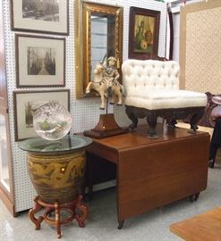 Small settee, table, art work, Asian items
