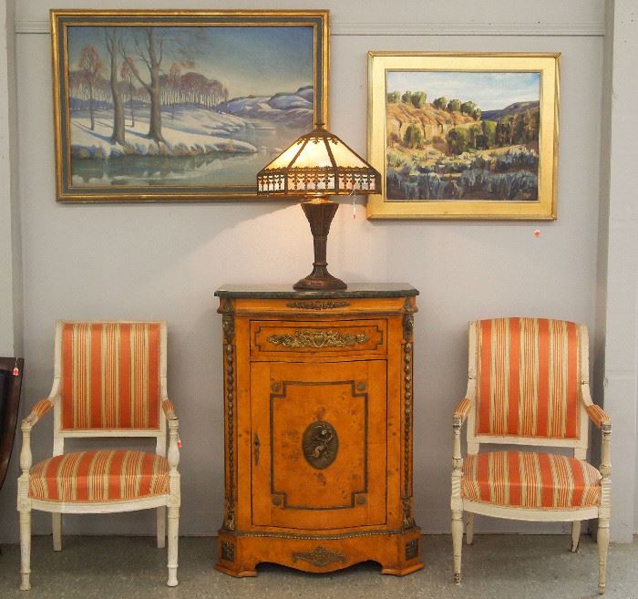 Lamp, pr. of chairs, marble top cabinet, art work