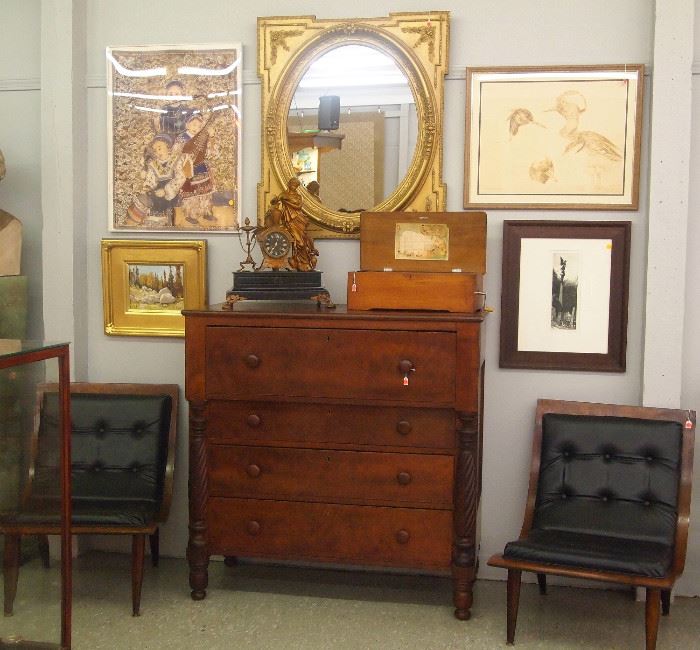 Oval mirror, early chest, music box, pr. of chairs