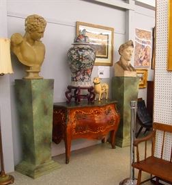 Painted columns, marble top French chest,  Asian vase