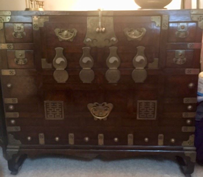  Large Dark Wooden Korean Chest with Brass Detail