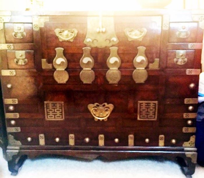Large Wooden Korean Chest with Brass Detail