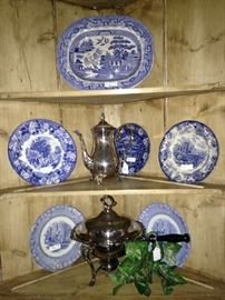 Silver plate items; blue & white plates and platters