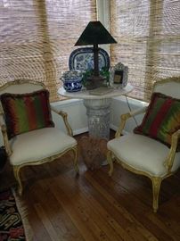 Marble top table; matching arm chairs
