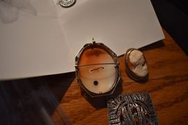 1- 14kt White gold frame with shell Cameo , one yellow gold 14 kt frame with shell cameo, Sterling silver pin