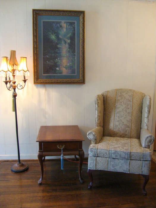 Wing Back Chair, End Table, Unusual Floor Lamp