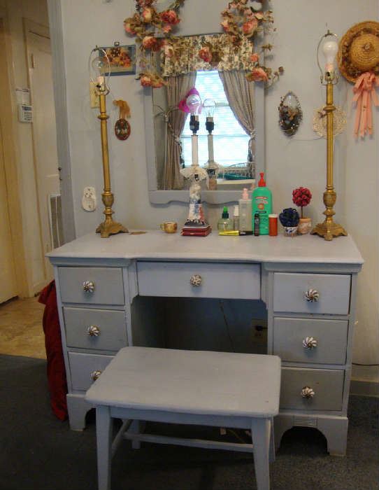 Painted Blue Vanity, Bench and Mirror