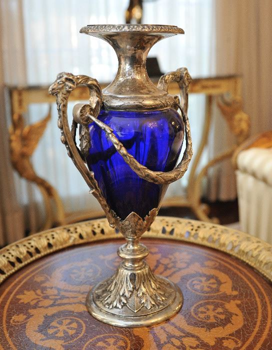 800 silver and cobalt glass urn