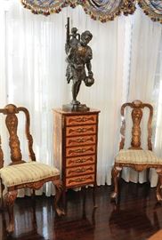Two of the inlaid dining chairs; inlaid multi-drawer stand;  bronze of a Moroccan water carrier, by Spagagna