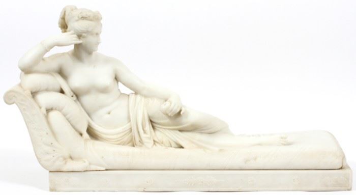 C. FOSSI ITALIAN CARVED CARRARA MARBLE FIGURE, 19TH C, H 14", L 27", D 8 3/4", PAOLINA BORGHESE