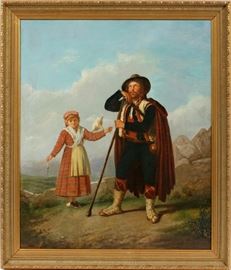 BENDCHARI, OIL ON CANVAS, H 30", W 25", SHEPHERD AND YOUNG GIRL WITH YARN