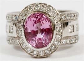 18KT WHITE GOLD, NATURAL PINK SAPPHIRE AND DIAMOND RING, SIZE 5
