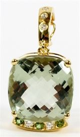 20CT NATURAL GREEN AMETHYST, .25CT DIAMOND AND 18KT GOLD PENDANT, H 1 1/2", W 3/4"