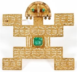 

PROB. SOUTH AMERICAN EMERALD AND 18KT YELLOW GOLD FIGURAL BROOCH, H 1 3/4", W 1 7/8"
