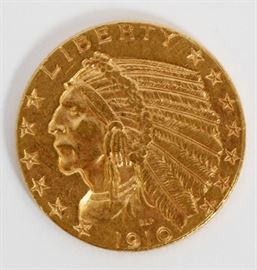 U.S. 1910 BLP $5 GOLD INDIAN HEAD COIN, DIA 21.6 MM