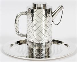 SIGVARD BERNADOTTE STERLING SILVER 'HARLEQUIN' COCKTAIL SHAKER AND TRAY, FOR GEORG JENSEN DIA 10 3/8" ^