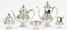 FRANK M. WHITING HAND CHASED STERLING TEA SERVICE, 5 PCS., H 3 1/4"-11"
