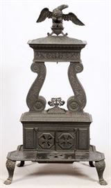 AMERICAN CAST-IRON TWO-COLUMN PARLOR STOVE, C. 1844, H 58", L 32", D 18" 