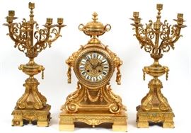 FRENCH GILT BRONZE CLOCK GARNITURE, LATE 19TH C., 3 PCS., H 21 3/4", W 13", D 7 3/4"