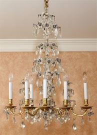 FRENCH GILT BRONZE & CRYSTAL CHANDELIER, EX. ROSE TERRACE, 19TH C., H 42", DIA 24"