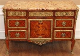 LOUIS XV/XVI TRANSITIONAL ORMOLU-MOUNTED MIXED WOODS COMMODE, H 51" W 50 1/2" D 24 1/2"