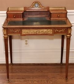 LOUIS XVI-STYLE BRONZE MOUNTED BUREAU À GRADIN, C. 1900, H 36", W 32", D 21 1/2"